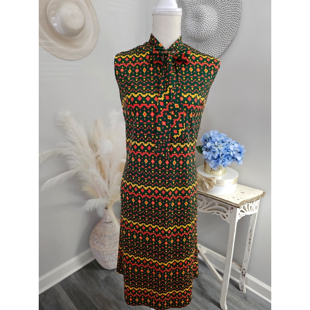 Rasta Reggae Green Multicolor Vintage Parkshire Bowtie Sheath Sleeveless Dress